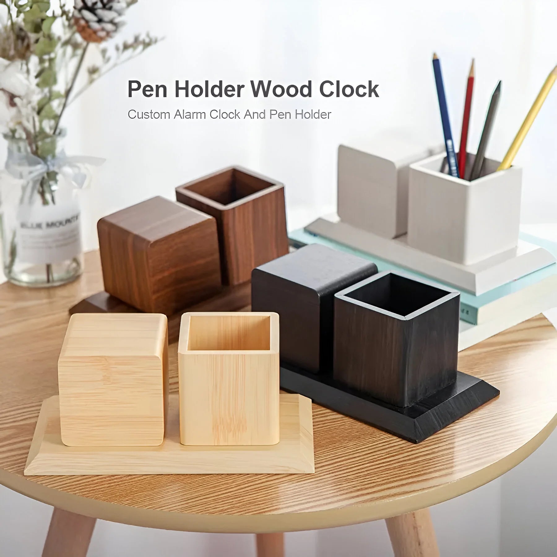 Wooden Pen Holder With Digital Clock