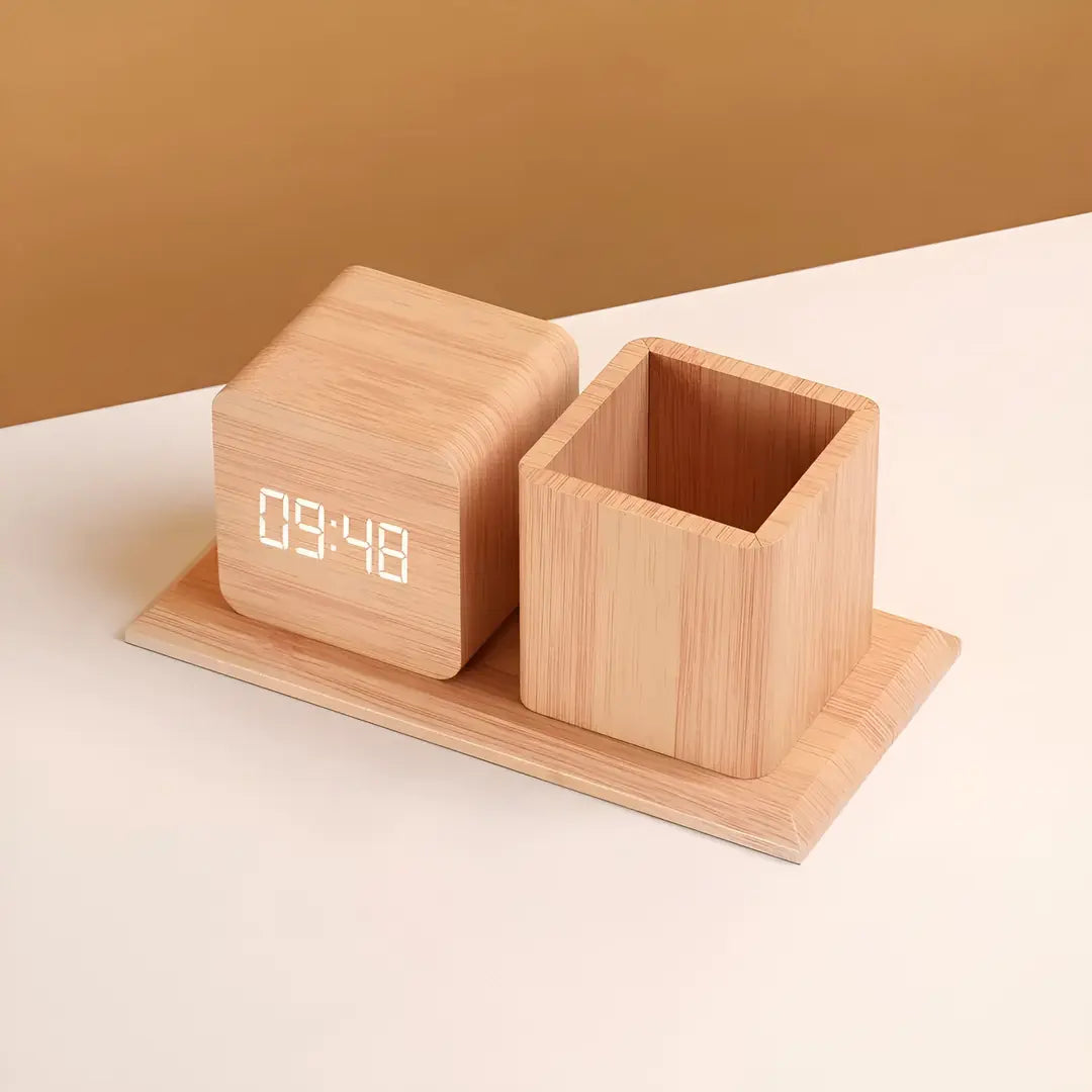 Wooden Pen Holder With Digital Clock