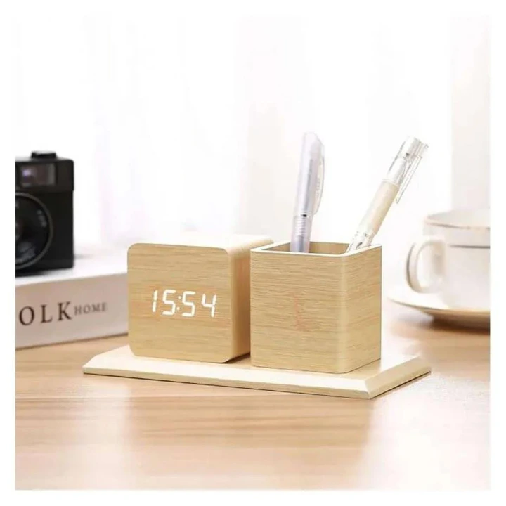 Wooden Pen Holder With Digital Clock